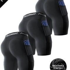 3 Pcs Men's Compression Boxers with Pockets Quick Drying for Fitness