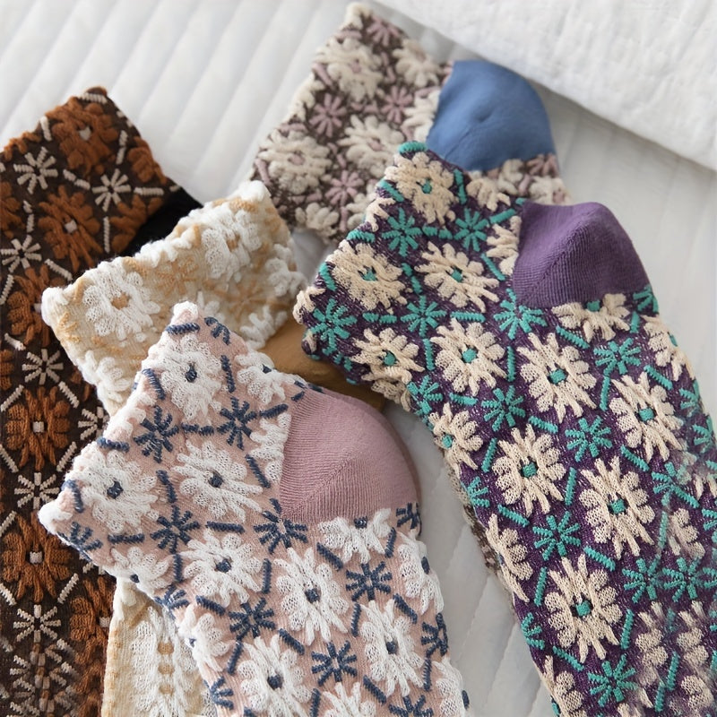5 Pairs Floral Print Short Socks Retro Style 3D Textured Low Cut Socks