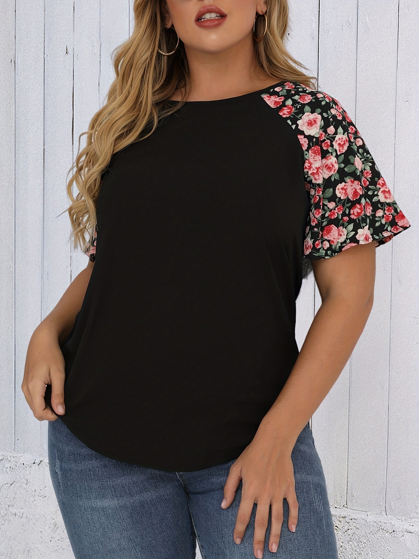 Vacay Blouse Women's Plus Colorblock Floral Short Sleeve T shirt