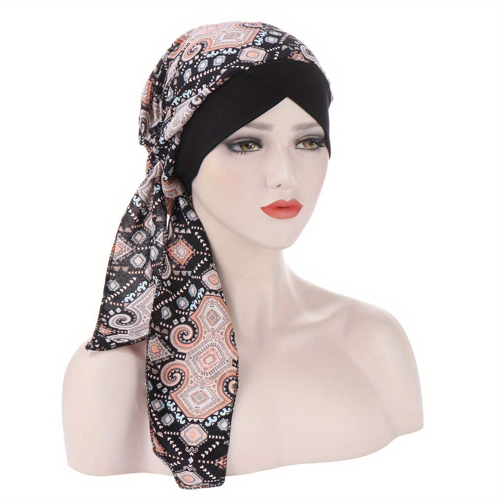 Vintage Floral Print Turban Cap Casual Head Wraps Elastic Headscarf Women