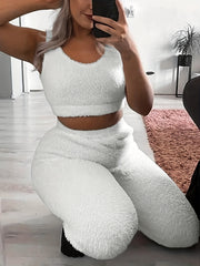 Fuzzy Lounge Set Warm Tank Crop Top & Elastic Waistband Pants