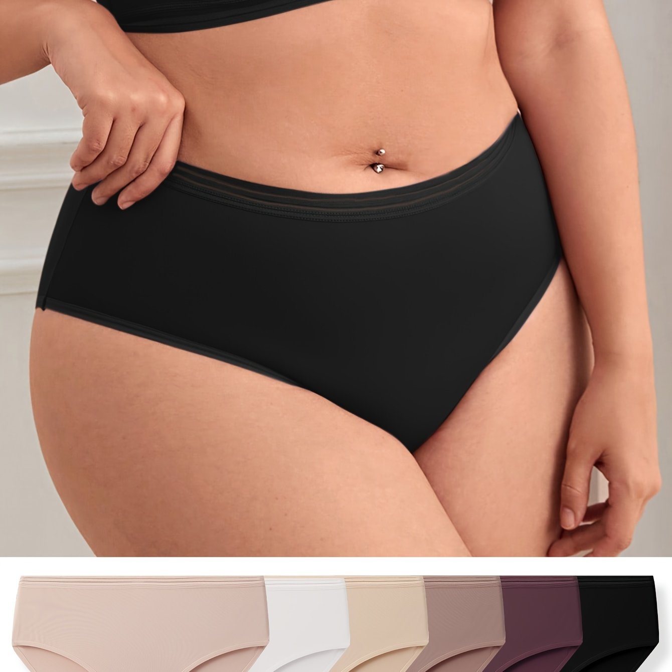 6 Pack Plus Size Panties Set Women's Plus Solid Soft Comfort Medium Stretch Brie