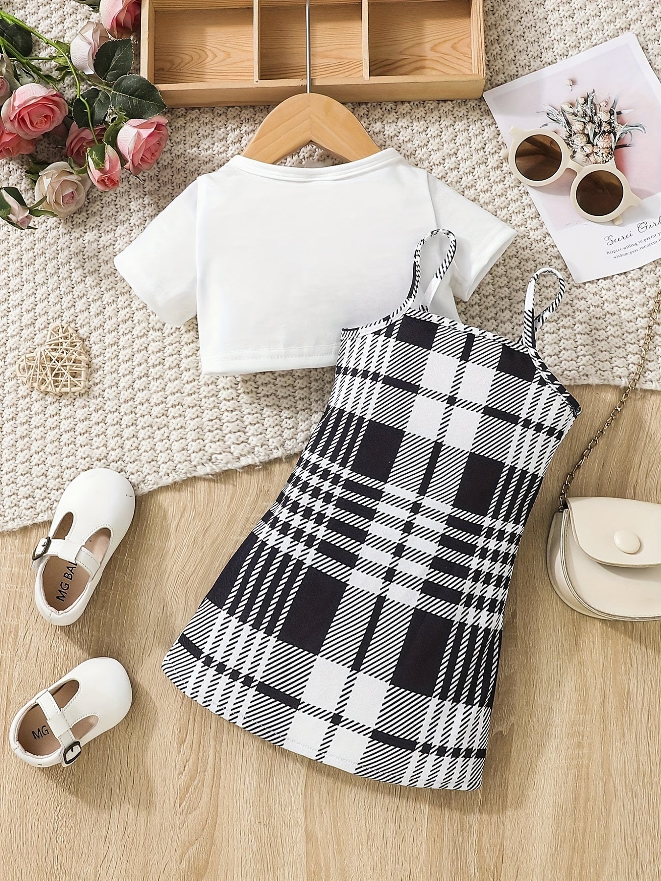 Infants Summer Outfit Short Sleeve Tee Top & Cami Dress Set with Suspenders