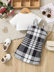 Infants Summer Outfit Short Sleeve Tee Top & Cami Dress Set with Suspenders