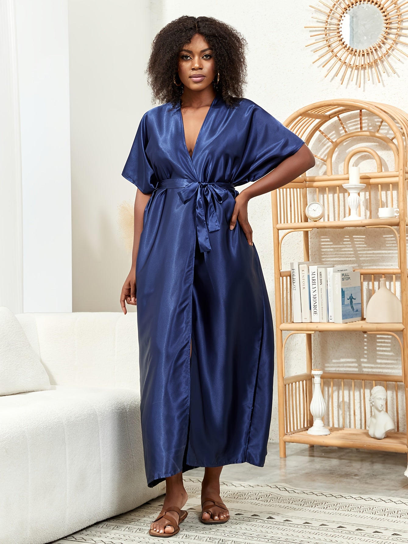 Women's Plus Satin Short Sleeve Belted Kimono Cover Up