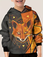Geometric Fox Pattern Hoodie Kids Clash Casual Pullover Hooded Long Sleeve Top