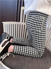 Girls Stretchy Houndstooth Leggings Elastic Waist Slim Fit Pants