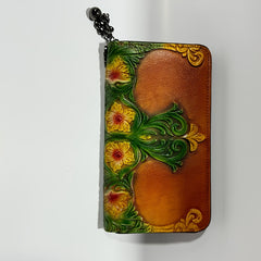 Vintage Floral Print Leather Women's Wallet with Wrist Strap Red