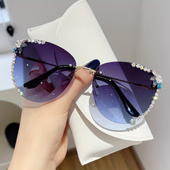 Rhinestone Rimless Sunglasses Gradient UV400 Sun Shades