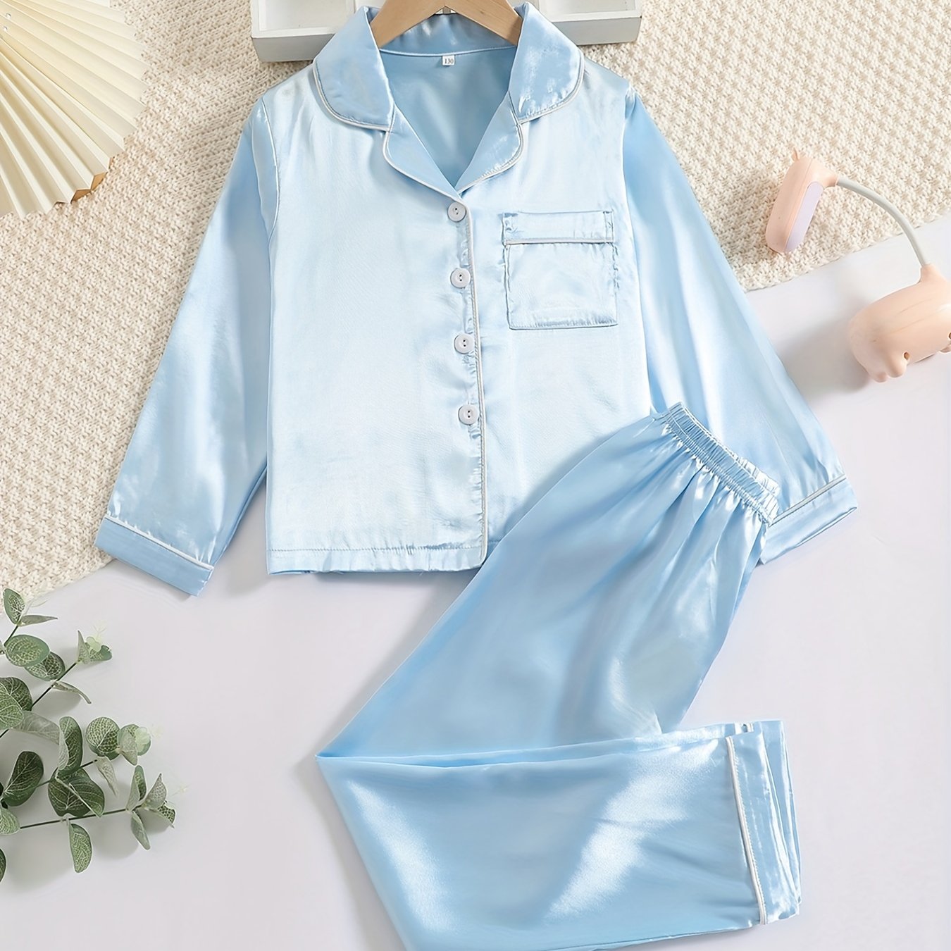 2pcs Girls Pale Pinkish Gray Pajamas Set Long Sleeve Tops & Pants