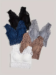 5pcs Lace Contrast Wireless Bras Wide Straps Bra Women's Lingerie