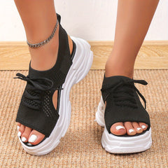 Women's Knitted Platform Sandals Peep Toe Lace Up Solid Slingback Shoes