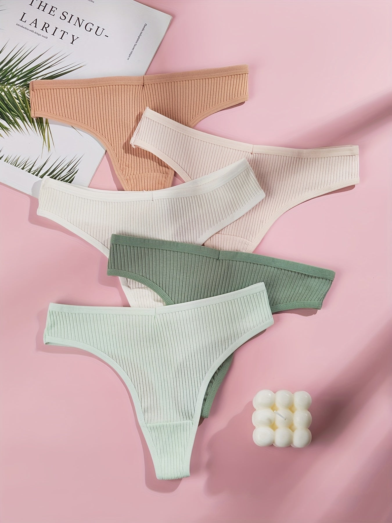 5pcs Solid Ribbed Thongs Comfy Stretchy Intimates Panties Women's Lingerie