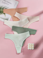 5pcs Solid Ribbed Thongs Comfy Stretchy Intimates Panties Women's Lingerie