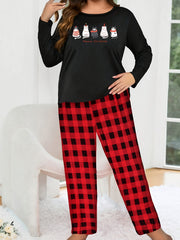 Christmas Pajama Set Women's Cats & Letter Print Tee & Plaid Pants