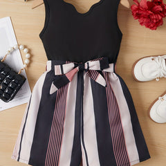 Girls Casual Sleeveless Jumpsuit Striped Bottom With Belt