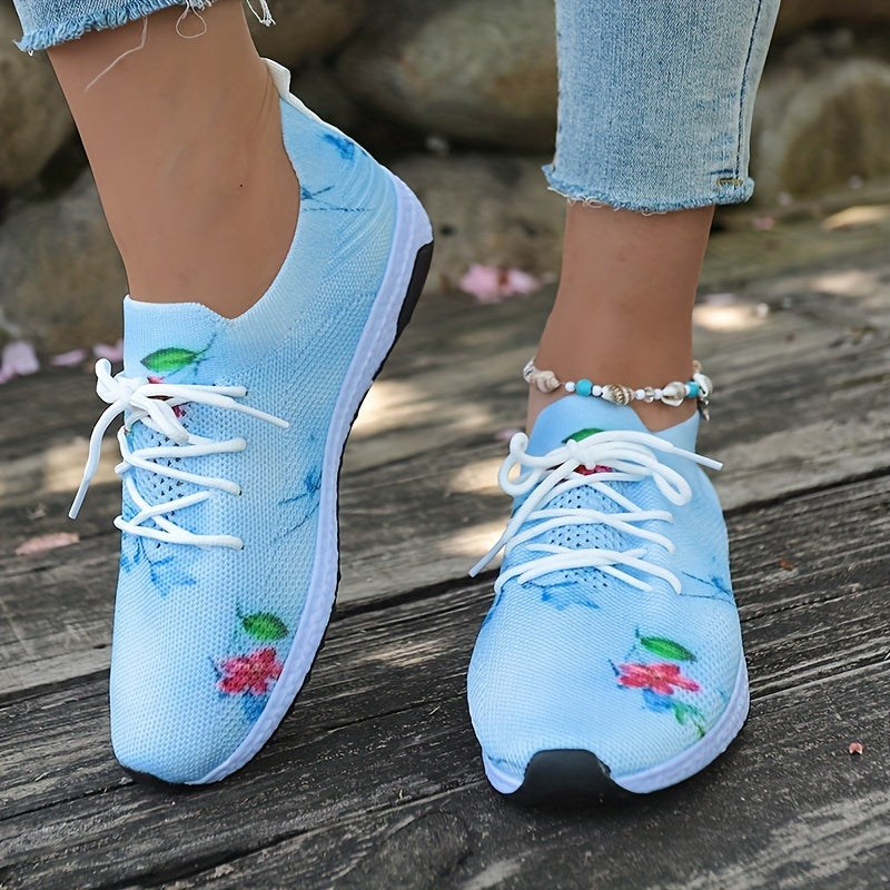 Women's Floral Print Knit Sports Shoes Lace Up Low Top Sneakers