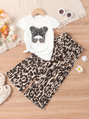 Girls Pretty Girl Graphic Print T shirt & Leopard Wide Leg Pants Set