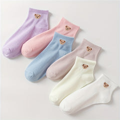 6 Pairs Cartoon Bear Print Socks Comfy & Crew Short Socks Women's Stockings