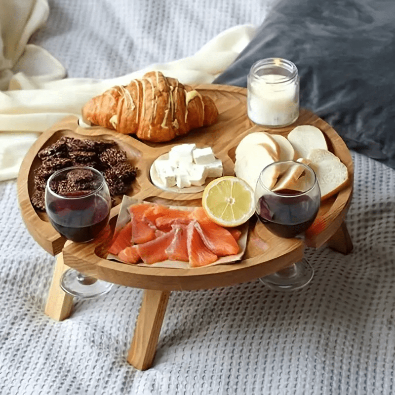 Foldable Wine Table Wooden Picnic Table With Wine Glass Holder