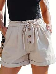 Solid Button Front Shorts Casual Drawstring Elastic Waist Shorts