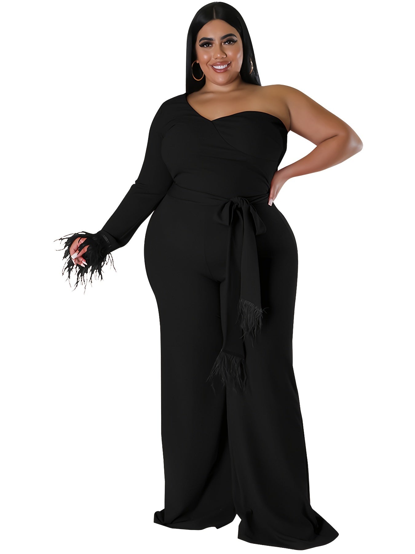 Solid Tassel Trim One Shoulder Jumpsuit Plus Size