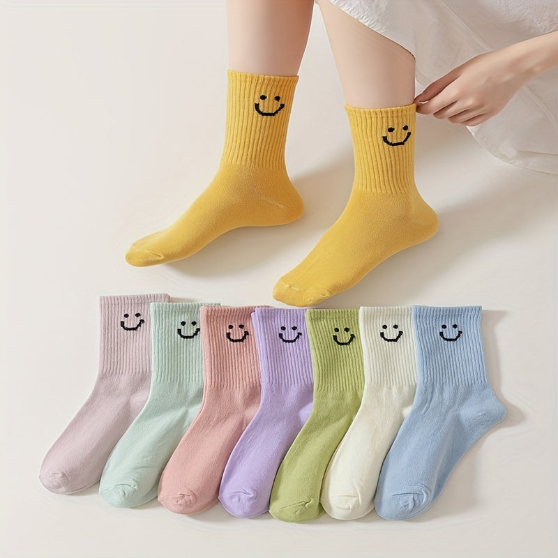 8 Pairs Smiling Face Print Socks Women's Mid Tube Stockings & Hosiery