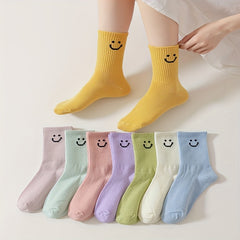 8 Pairs Smiling Face Print Socks Women's Mid Tube Stockings & Hosiery