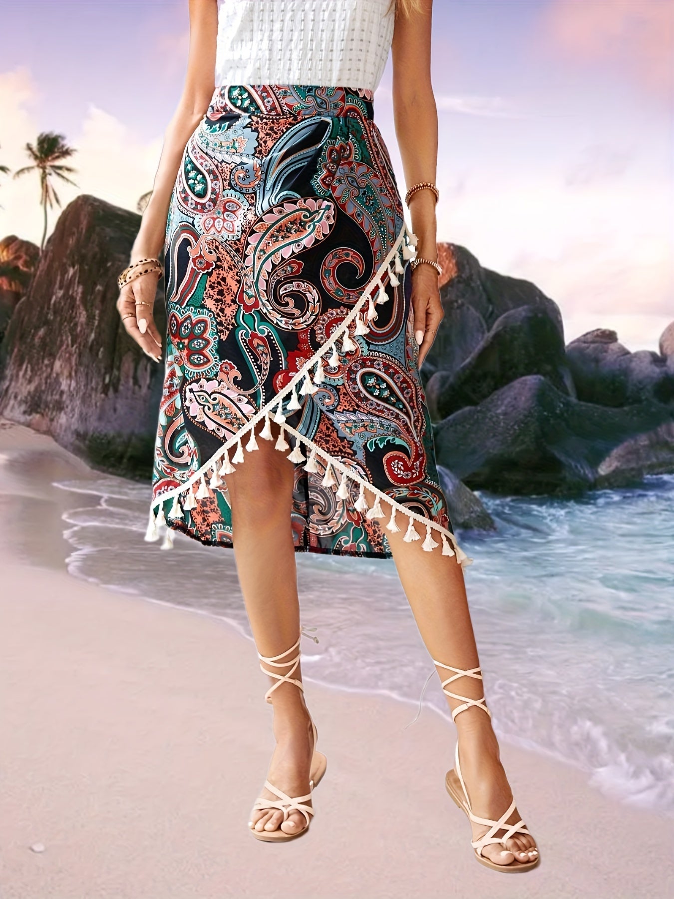 Paisley Print Tassel Skirts Boho High Waist Bag Hip Summer Skirts