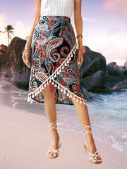 Paisley Print Tassel Skirts Boho High Waist Bag Hip Summer Skirts