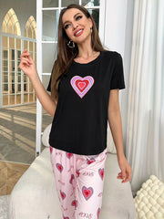 Heart Print Pajama Set Short Sleeve Crew Neck Top & Elastic Waistband Pants