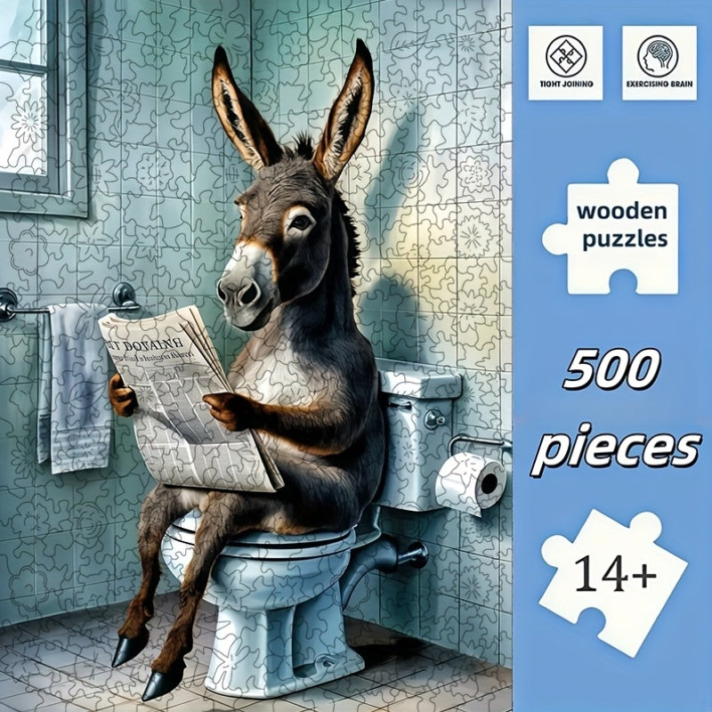 Challenging 500pcs Wooden Jigsaw Puzzle - Humorous Donkey Reading Newspaper