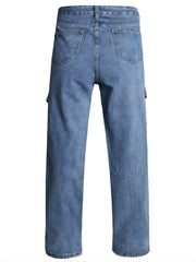 Loose Fit Straight Jeans Wide Leg Flap Pockets Non Stretch Casual Denim Pants