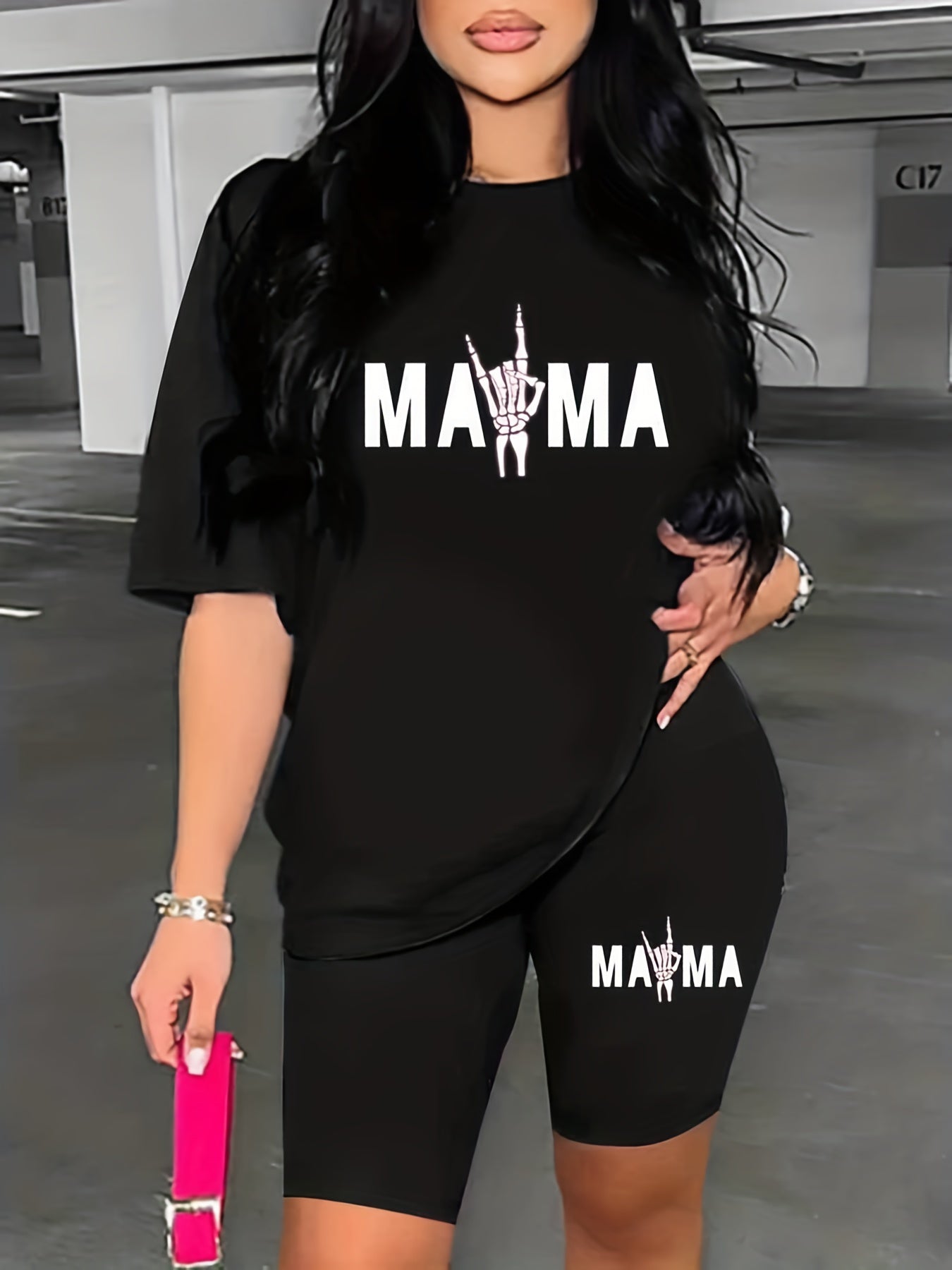 Mama Letter Print Short Sleeve T Shirt & Biker Shorts Set