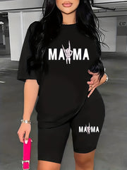 Mama Letter Print Short Sleeve T Shirt & Biker Shorts Set