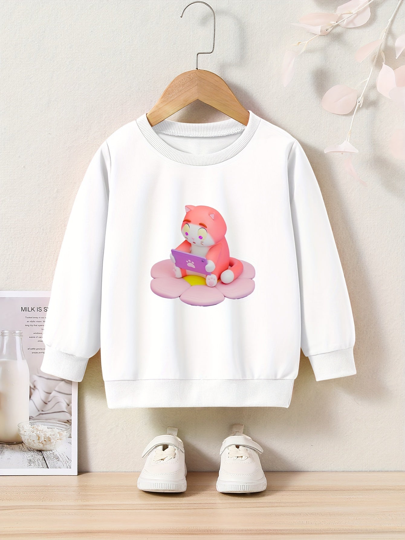 Cartoon Cat Print Girls Pullover Sweatshirt Long Sleeve Crew Neck Tops