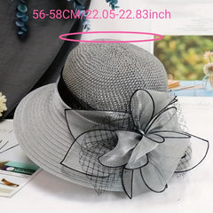 Wide Brim Knitted Bucket Hat Mesh Flower Decor Sunshade Fedora for Women