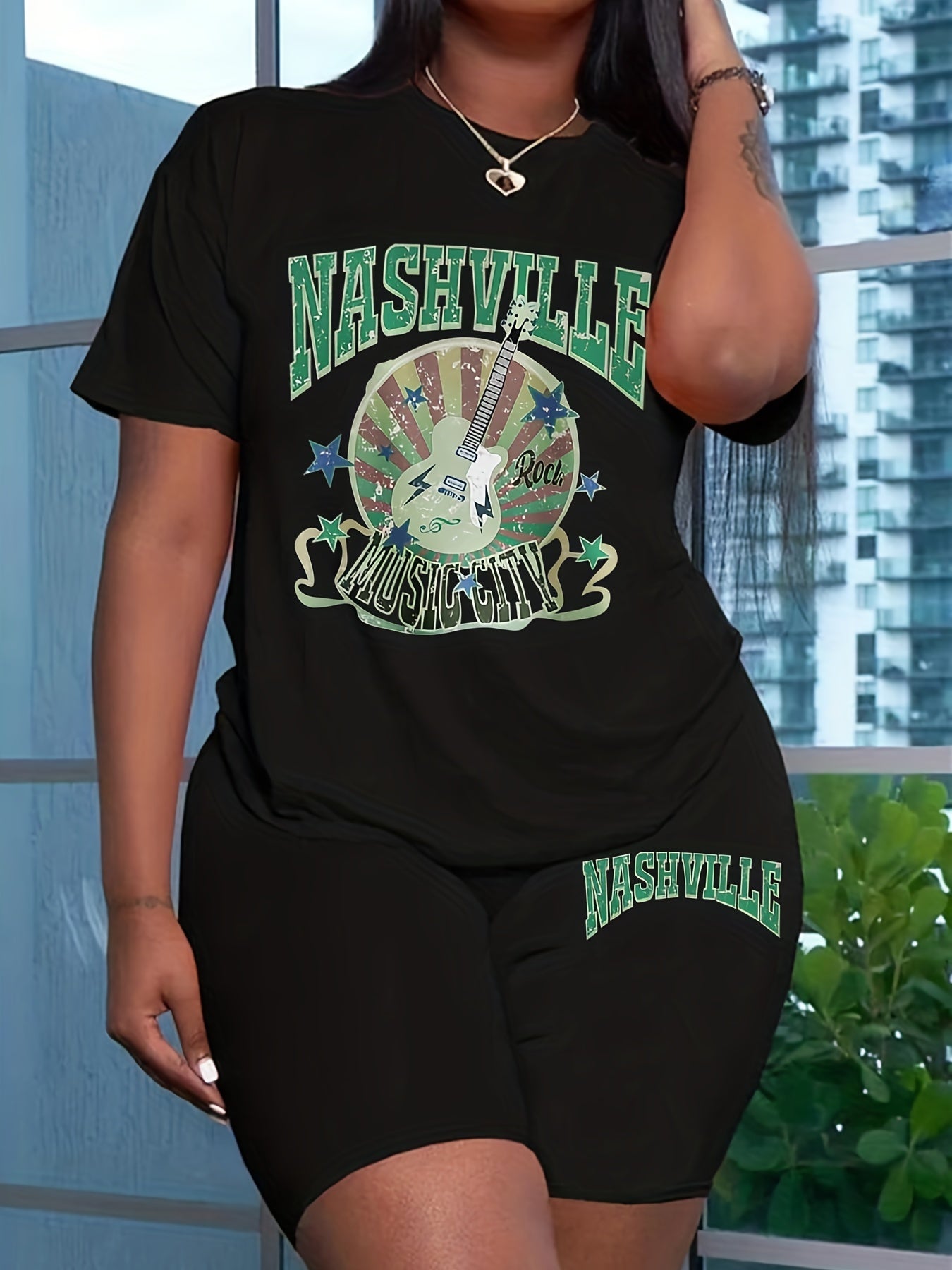 Nashville Print T-Shirt & Biker Shorts Set