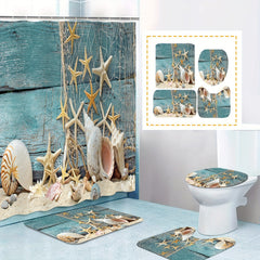 3pcs Starfish Shower Curtain & Bath Mat Set with Shell Ocean Beach Print