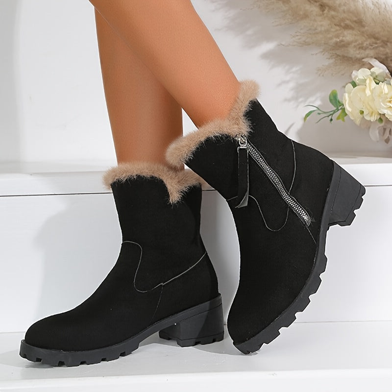 Thick Snow Boots Plush Lined Thermal Chunky Heels Non Slip Outdoor Walking Boots