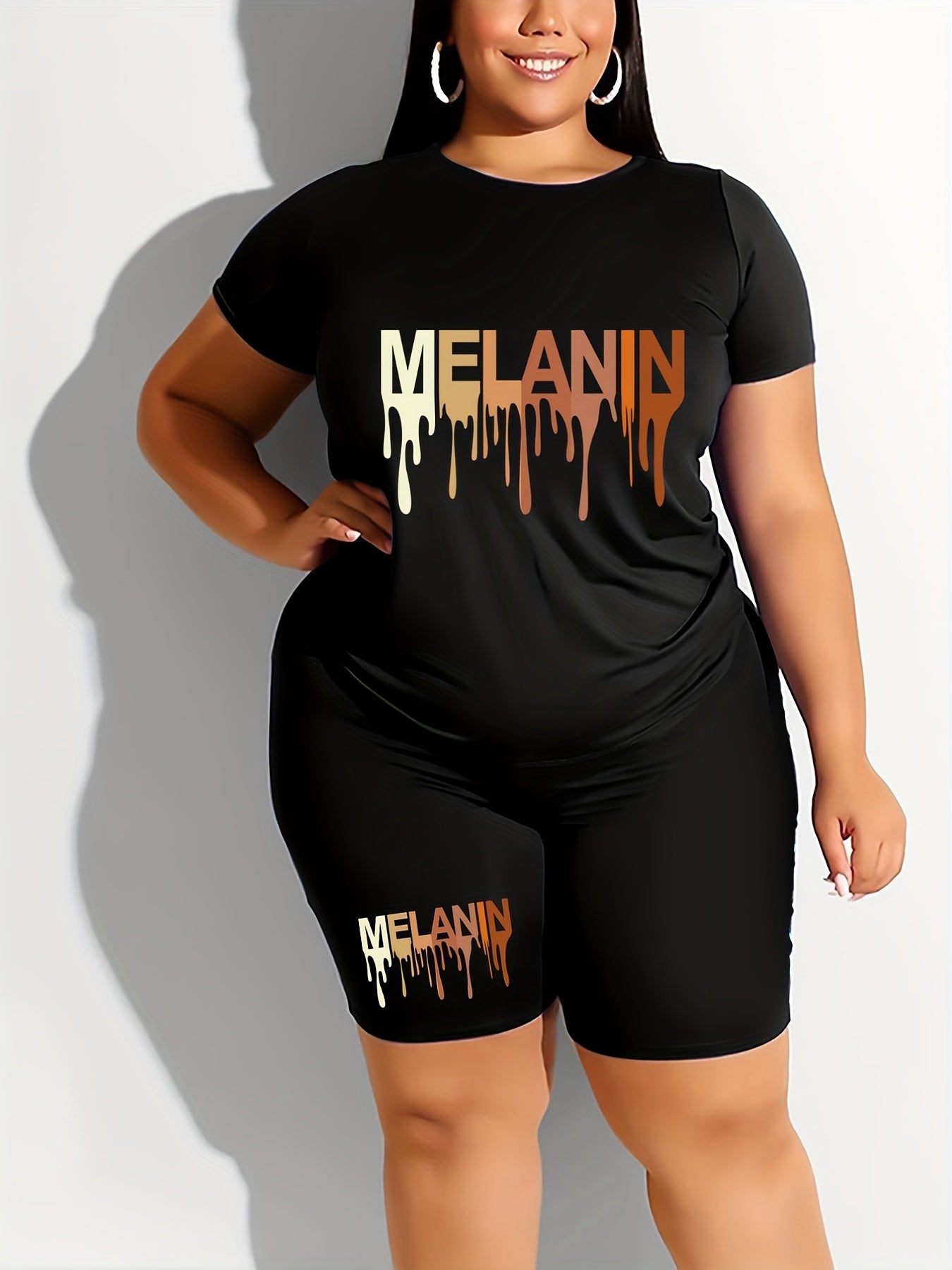 Women's Plus Gradient Letter Print Tee & Shorts 2pcs Set
