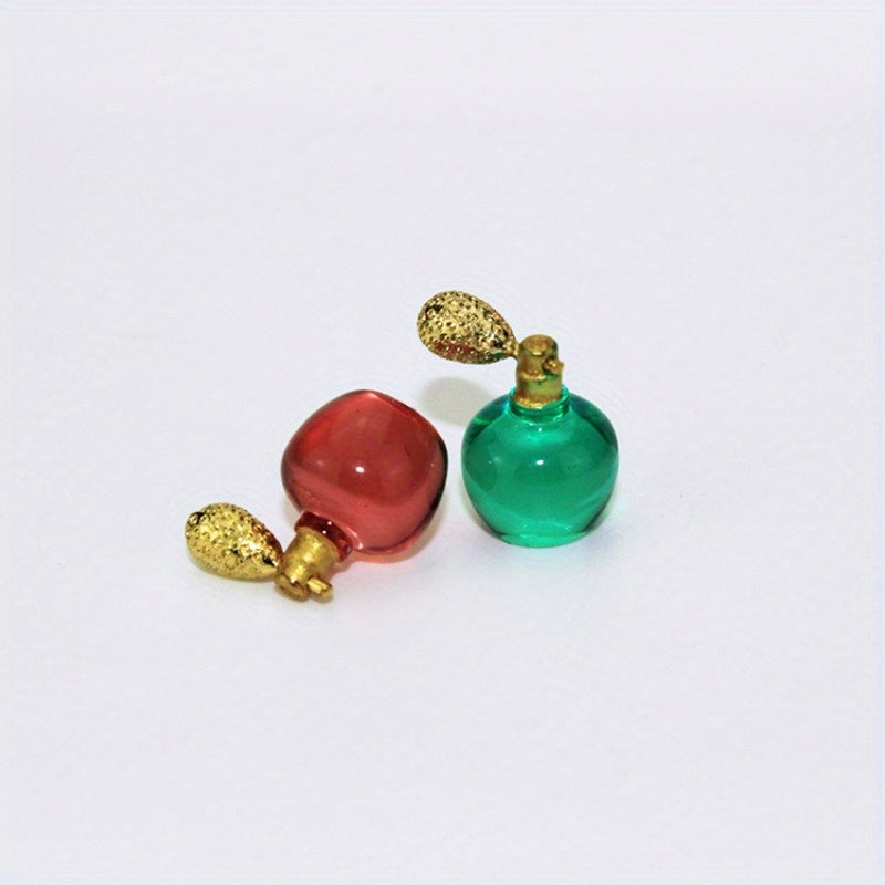 Miniature Red & Green Perfume Bottles with Golden Caps for Dollhouse Decor