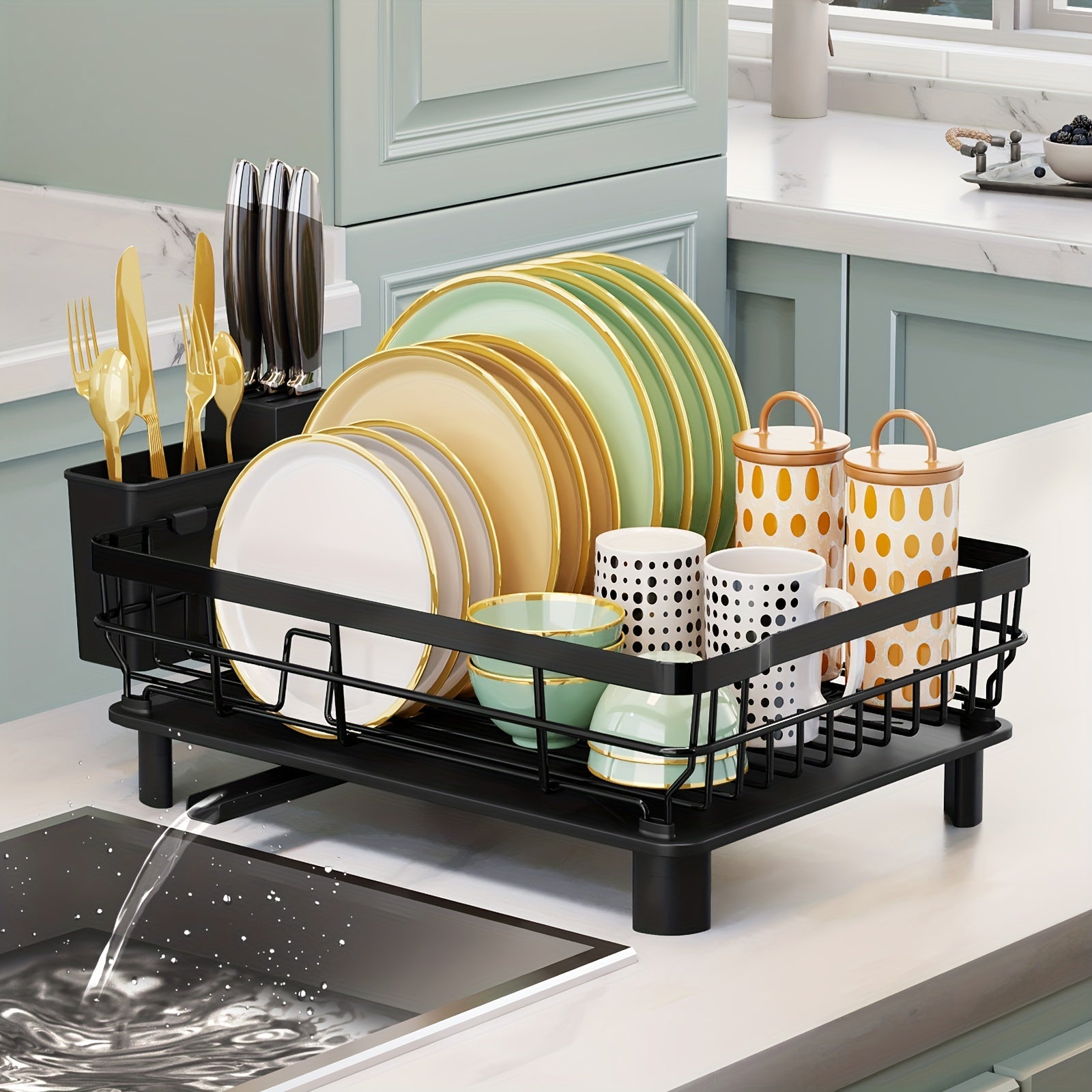 2 Tier Dish Drying Rack with Drainboard & Utensil Holder