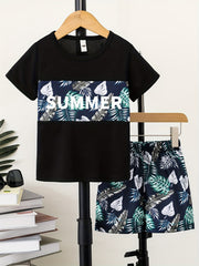 Boys Leaf Print Casual Outfit Round Neck T shirt & Shorts Set