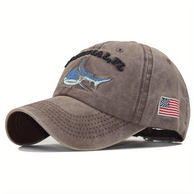 Distressed Coated Denim Baseball Hat with Big Shark Embroidery