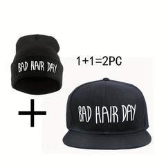 2 Pack Letter Embroidery Beanie Hat Flat Brim Baseball Cap