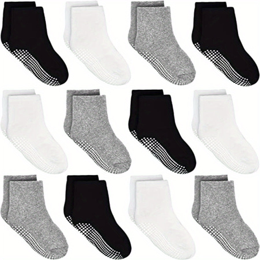 12 Pairs Toddler Boys Socks with Grip Non-slip Bottom Comfy Crew Socks for Kids