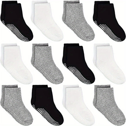 12 Pairs Toddler Boys Socks with Grip Non-slip Bottom Comfy Crew Socks for Kids