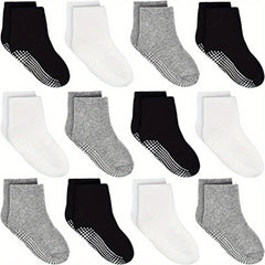 12 Pairs Toddler Boys Socks with Grip Non-slip Bottom Comfy Crew Socks for Kids