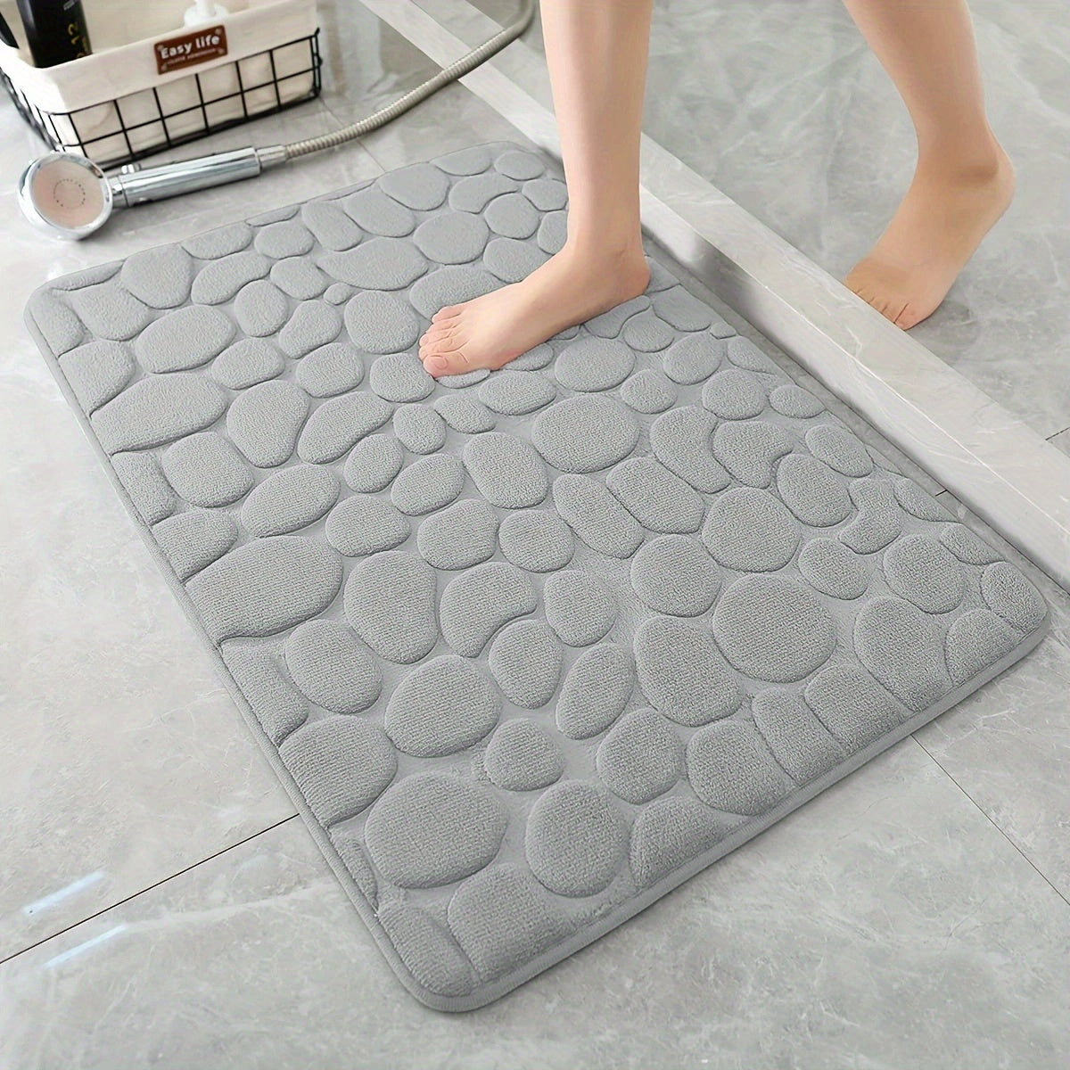 Grey Bath Floor Mat Non Slip Absorbent Rug Bathroom Carpet Stone Pattern